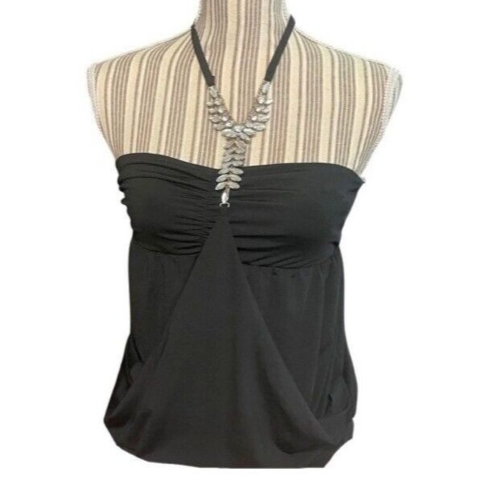 Club Halter Top Black Blouse Spaghetti  Embellished Rhinestone Party Vintage